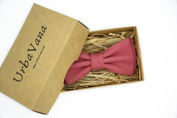 Dark Rose color butterfly wedding bow ties for groomsmen / Chianti color linen skinny slim standard necktie for man