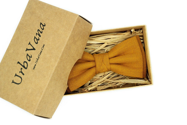 Mustard color linen butterfly bow ties for men and toddler boys / Mustard color rustic wedding neckties for groomsmen and groom gift