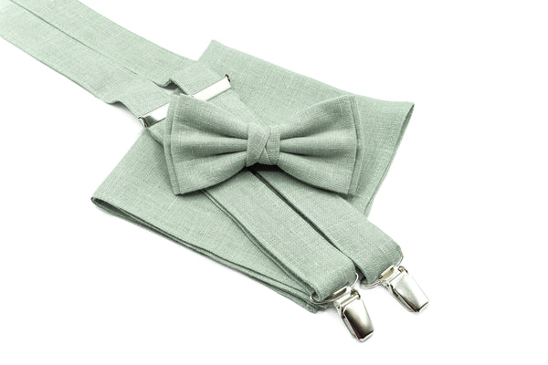 Elegant Dusty Sage Green Linen Bow Tie and Suspender Set for Men and Toddler Boys - Perfect for Weddings, Formal Events and Stylish Outfits