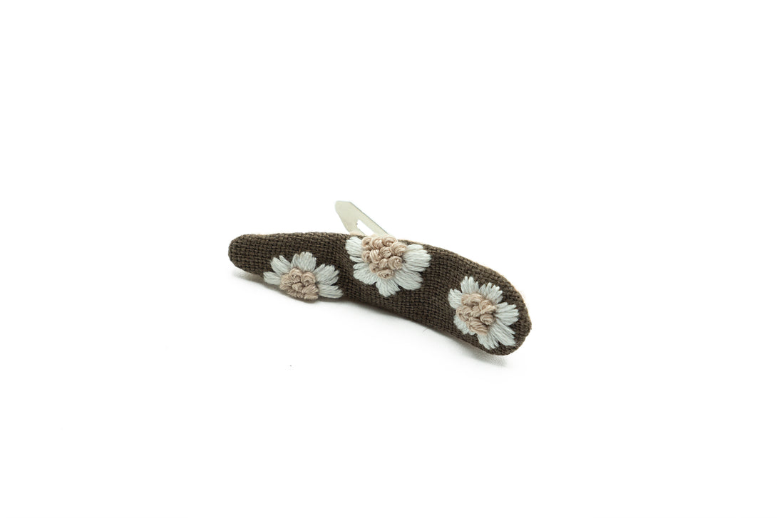 Cocoa brown floral hair clip with hand embroidery, beautifully packaged for gift-giving to women and girls.