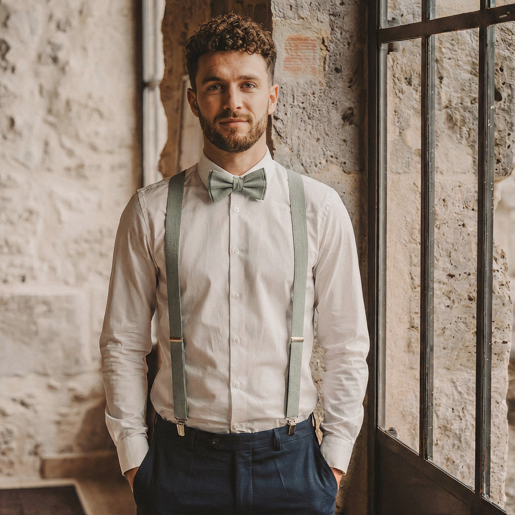 Dusty Sage Green Linen Bow Tie & Suspender Set | UrbaVana UrbaVana Dusty Sage Green Linen Bow Tie & Suspender Set | UrbaVana UrbaVana