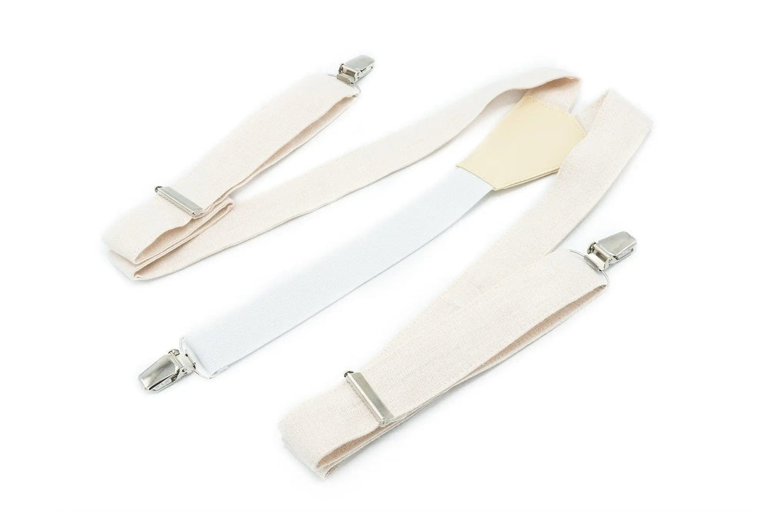 Ivory wedding suspenders for men and kids, perfect for matching formal attire with pocket squares or ties.