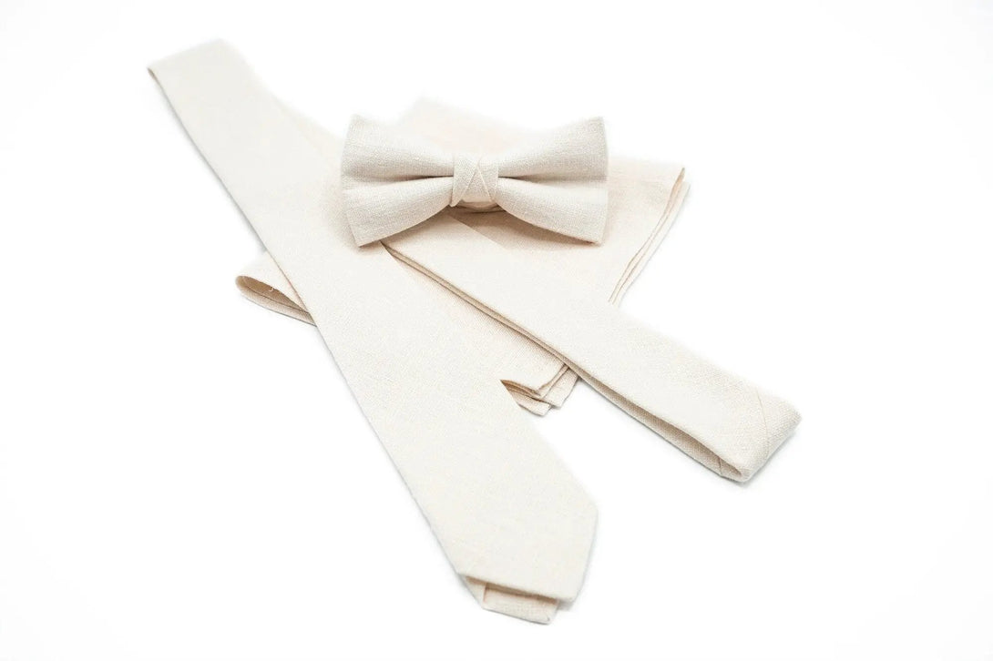 Big-Day crew Ivory linen bow tie or necktie for men and boys available with matching pocket square or suspenders as a gift for groomsmen