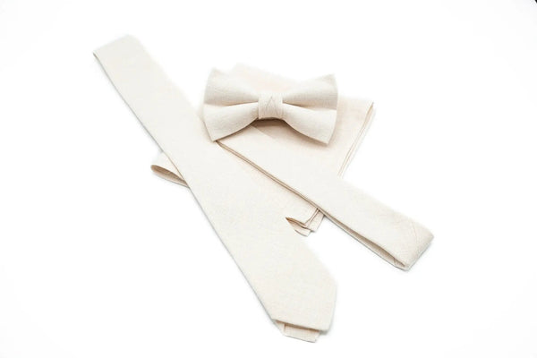 Ivory Bow Tie or Linen Necktie available with Matching Pocket Square - Perfect Father's Day Gift for Dad and Father-Son Bow Tie Duo