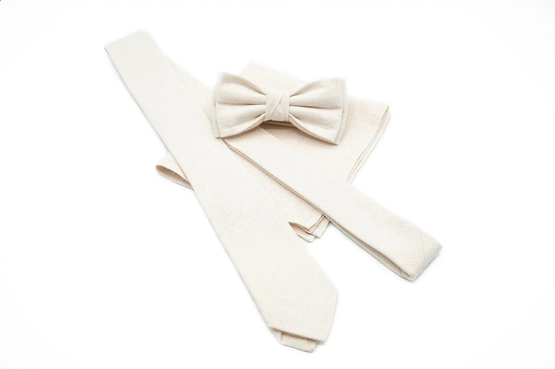 Thoughtful Groomsmen Gifts: Ivory linen Butterfly Bow Tie, Necktie or Suspenders available with matching Pocket Square