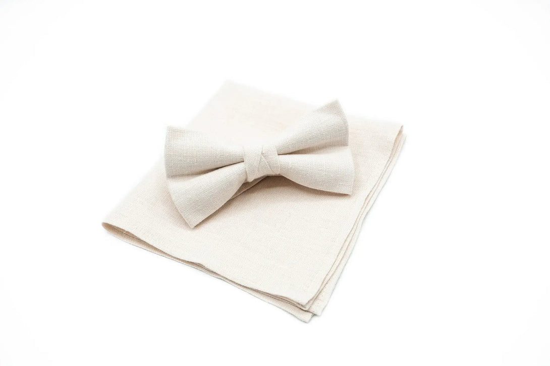 Elegant ivory linen bow tie and pocket square set for wedding gift