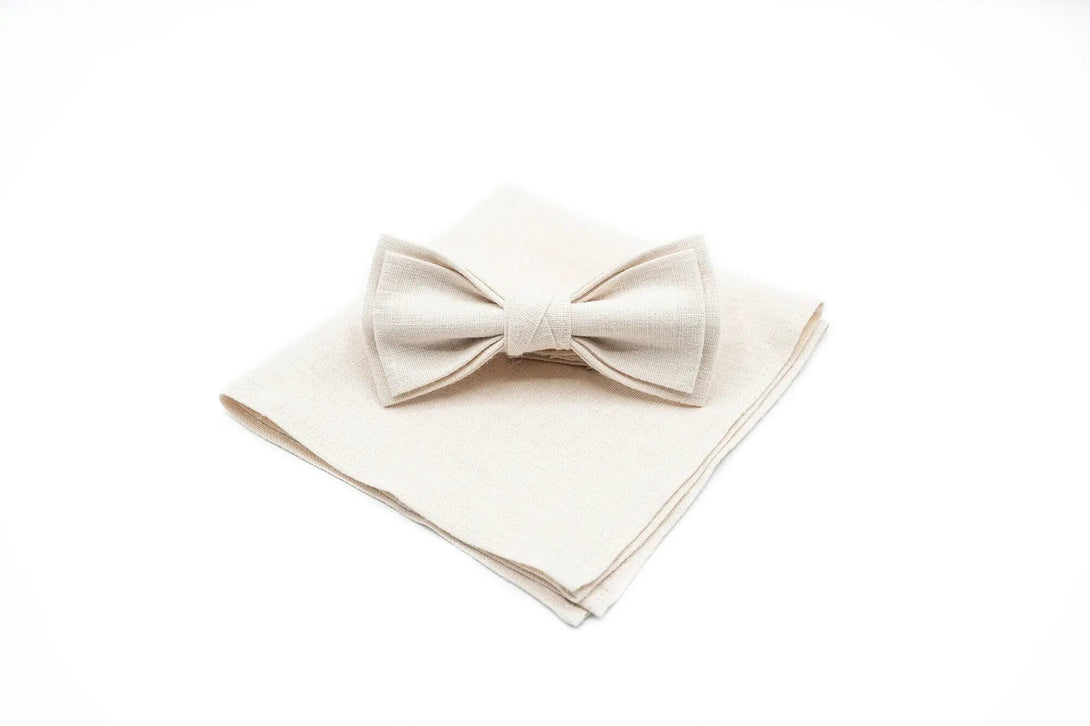 Sophisticated Ivory Linen Bow Ties - Complete Your Ensemble with Matching Pocket Squares / Ideal Gift for Father and Son, Men and Kids