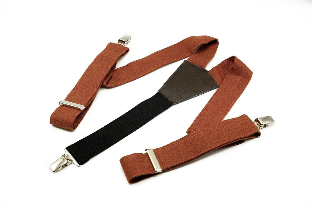 Rust Y-back suspenders with black leather detailing and silver clasps - perfect gift for men