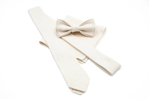 Elegant Ivory linen Bow Tie or Necktie available with matching pocket square - A Thoughtful Gift for Husband or Boyfriend