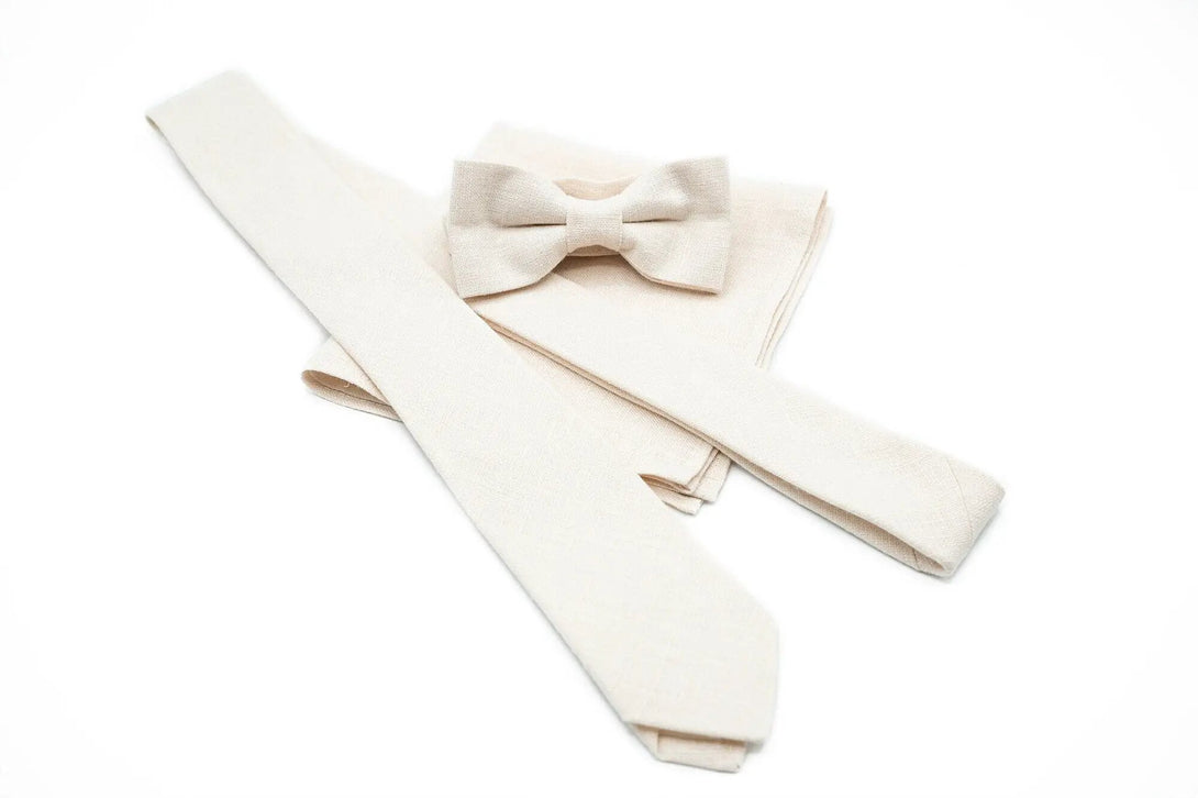 Complete His Look with Ivory Bow Tie, Necktie or Suspenders available with matching pocket square - Unique Gift for Husband or Boyfriend