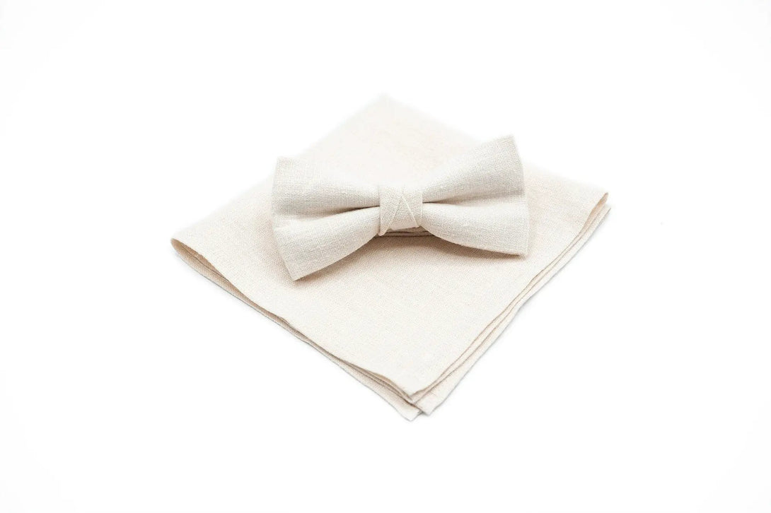 Ivory Linen Bow Tie available with Matching Pocket Square - The Perfect Gift for Your Son / Ivory neckties for men and toddler boys