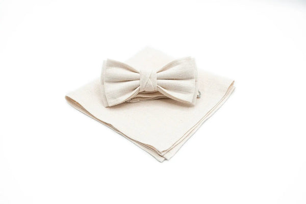 Ivory Linen Butterfly Bow Tie available with Matching Pocket Square - Stylish Birthday Gift for Men or Anniversary Gift for Husband