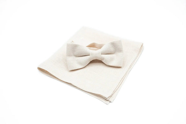 Ivory linen bow tie paired with matching pocket square for groomsmen and wedding attire