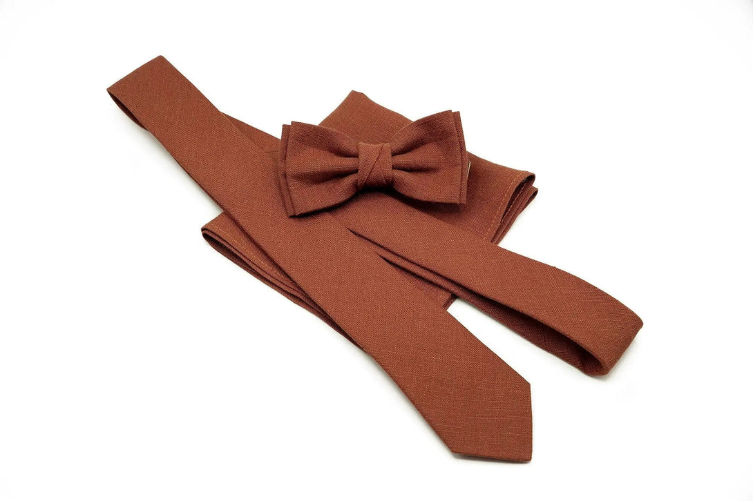 Rust linen butterfly bow tie or necktie for men, a perfect groomsmen proposal gift idea available with matching pocket square