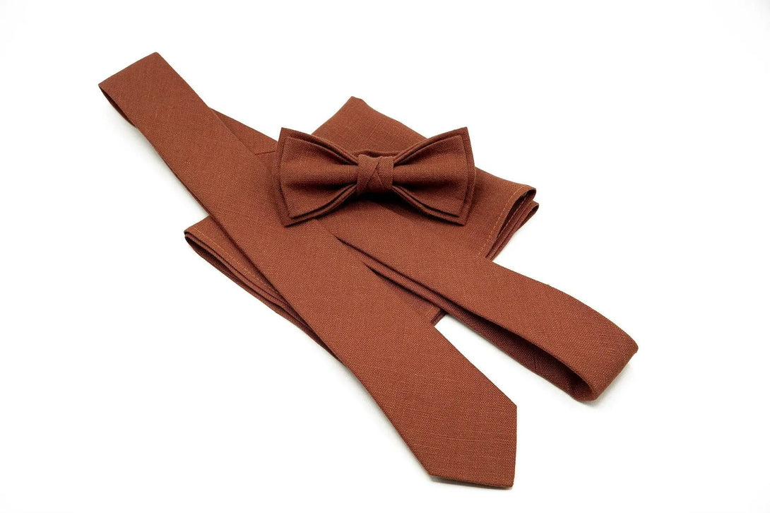 Rust linen bow tie, necktie, and pocket square for men – perfect for Father's Day gift or matching father and son outfits