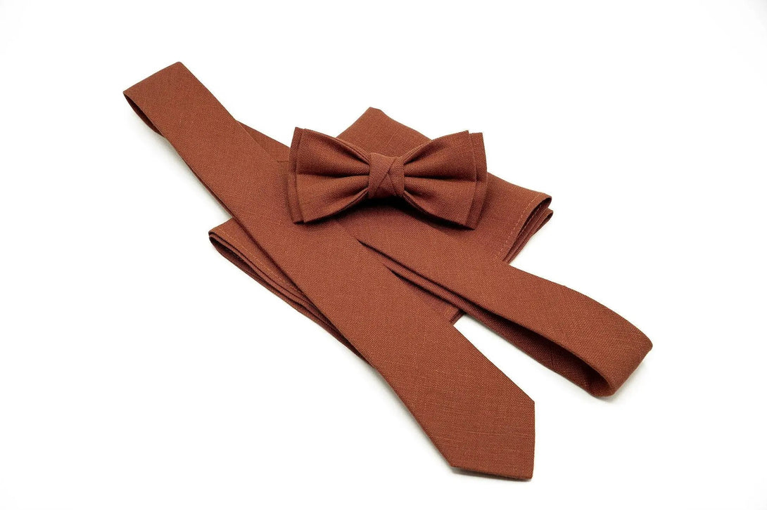 Elegant Linen Rust Bow Tie or necktie paired with matching pocket square for men, ideal anniversary gift option.