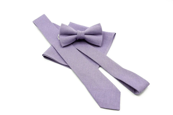 Elegant linen lavender bow tie or necktie for men, available with optional matching pocket square 