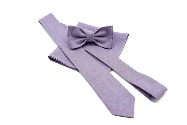 Lavender Linen Bow Tie, necktie with Matching Pocket Square – Men's and boys' elegant linen lavender bow tie available with a matching pocket square for a polished, coordinated look.