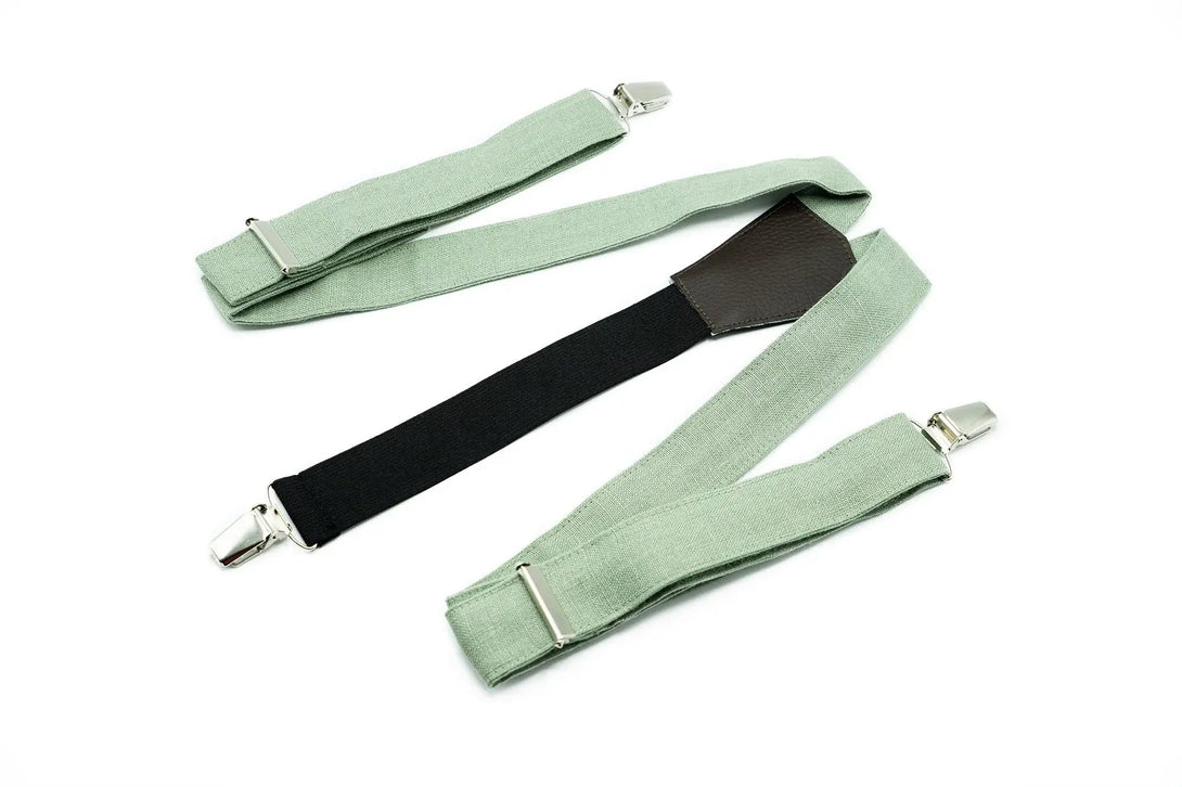 Bright Sage Green Linen Suspenders for men - stylish groomsmen accessory available with matching bow tie.