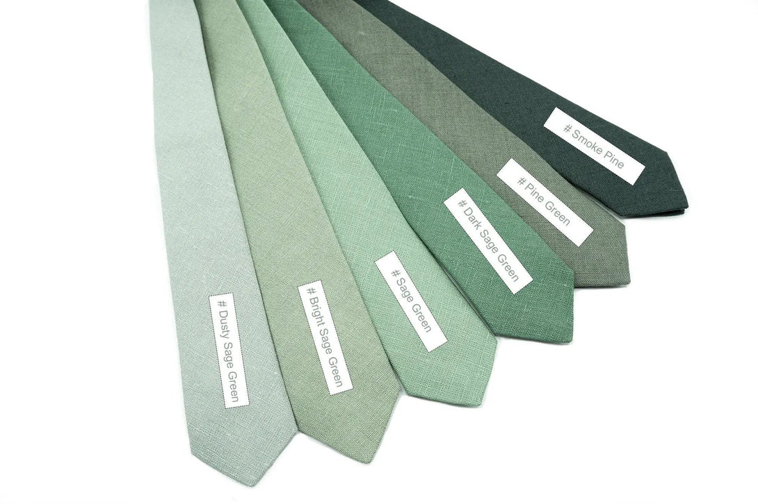 Linen necktie collection in various green shades for wedding groomsmen