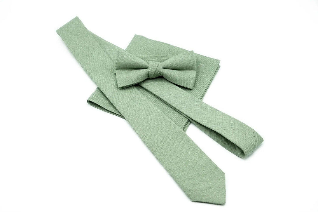 Bright Sage Green Wedding Accessories: Linen Bow tie or Skinny Slim Standard Necktie available with matching pocket square or Y-back Braces