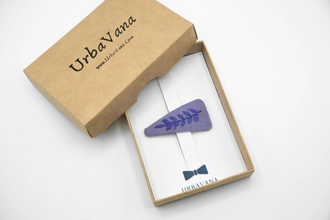 Elegant lavender hand-embroidered floral hair clip, perfect as a birthday gift for women, beautifully packaged by UrbaVana for eco-conscious fashion.