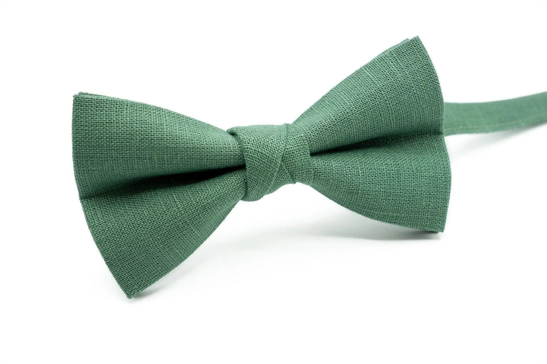 Dark Sage Green Linen Wedding Bow Ties or Neckties for Groomsmen proposal gift ideas available with matching pocket square or Y-back braces