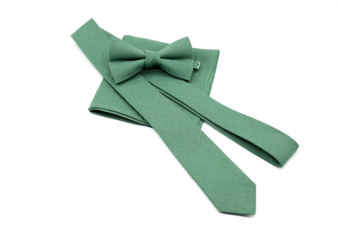 Dark Sage Green Linen Wedding Bow Ties or Neckties for Groomsmen proposal gift ideas available with matching pocket square or Y-back braces