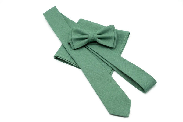 Dark Sage Green Linen Bow ties or Neckties for Men available with matching linen pocket square or Y-back suspenders / Anniversary gift