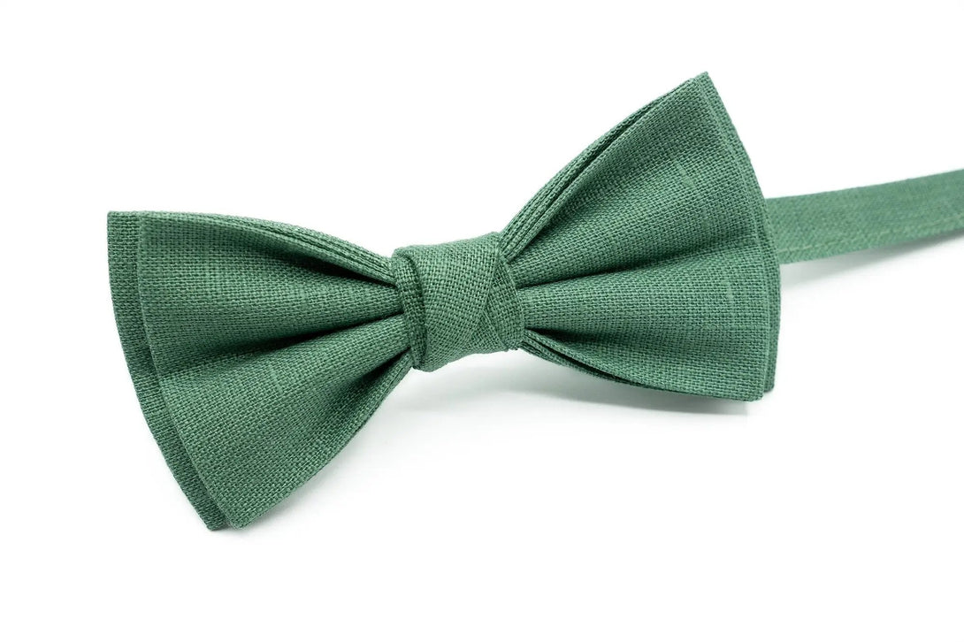 Dark Sage Green Groomsmen butterfly bow ties and neckties for weddings available with matching linen pocket square or Y-back suspenders