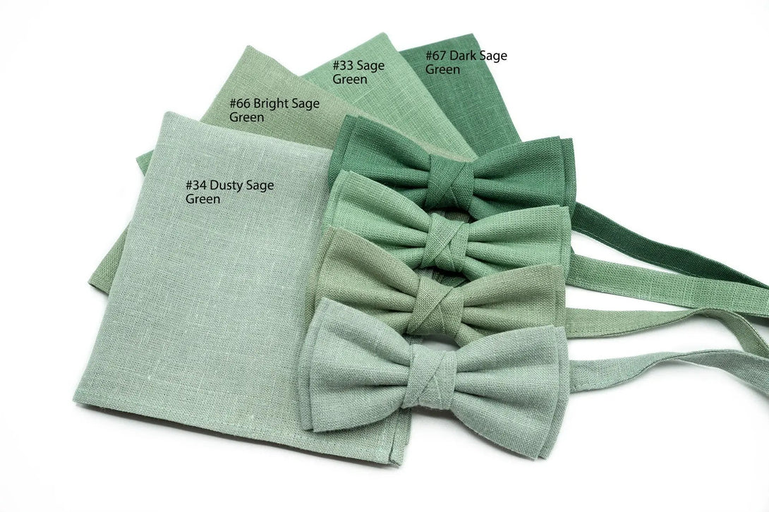 Linen Butterfly Bow Ties in Dark Sage Green, Bright Sage Green, Sage Green, and Dusty Sage Green, available with matching pocket squares for weddings or formal events.