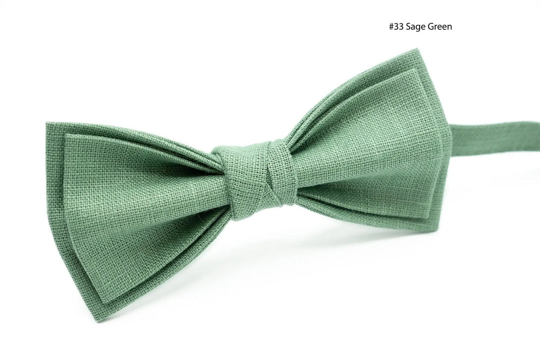 Sage Green linen bow tie for men with matching pocket square, perfect for groomsmen proposal or formal gifts.