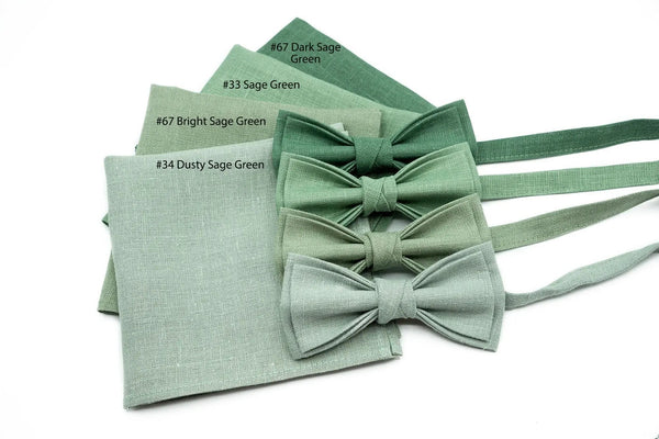 Linen bow ties in sage green with matching pocket squares, perfect for weddings or formal events.