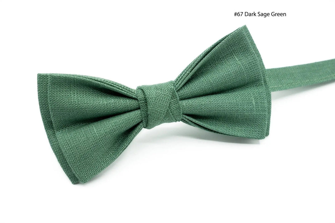 Linen Groomsmen Wedding Bow Ties in Dark Sage Green, Bright Sage Green, Sage Green and Dusty Sage green available matching pocket square