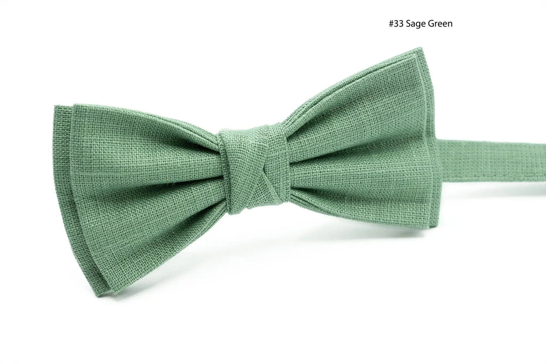 Linen Groomsmen Wedding Bow Ties in Dark Sage Green, Bright Sage Green, Sage Green and Dusty Sage green available matching pocket square