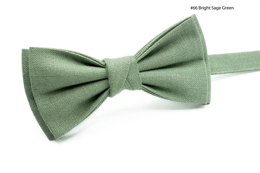 Linen Groomsmen Wedding Bow Ties in Dark Sage Green, Bright Sage Green, Sage Green and Dusty Sage green available matching pocket square