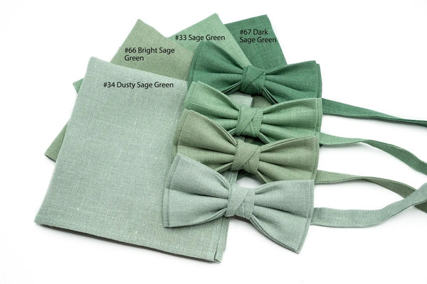 Linen Groomsmen Wedding Bow Ties in Dark Sage Green, Bright Sage Green, Sage Green and Dusty Sage green available matching pocket square