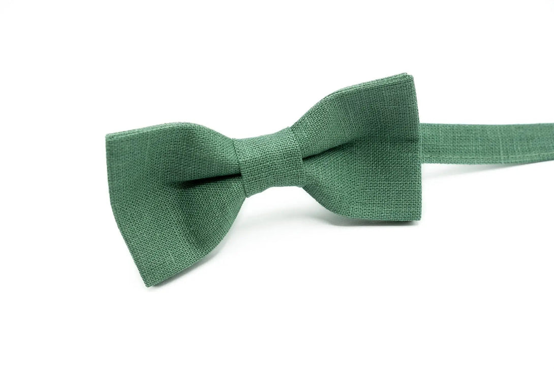 Elegant dark sage green bow tie availabl with matching pocket square for men.