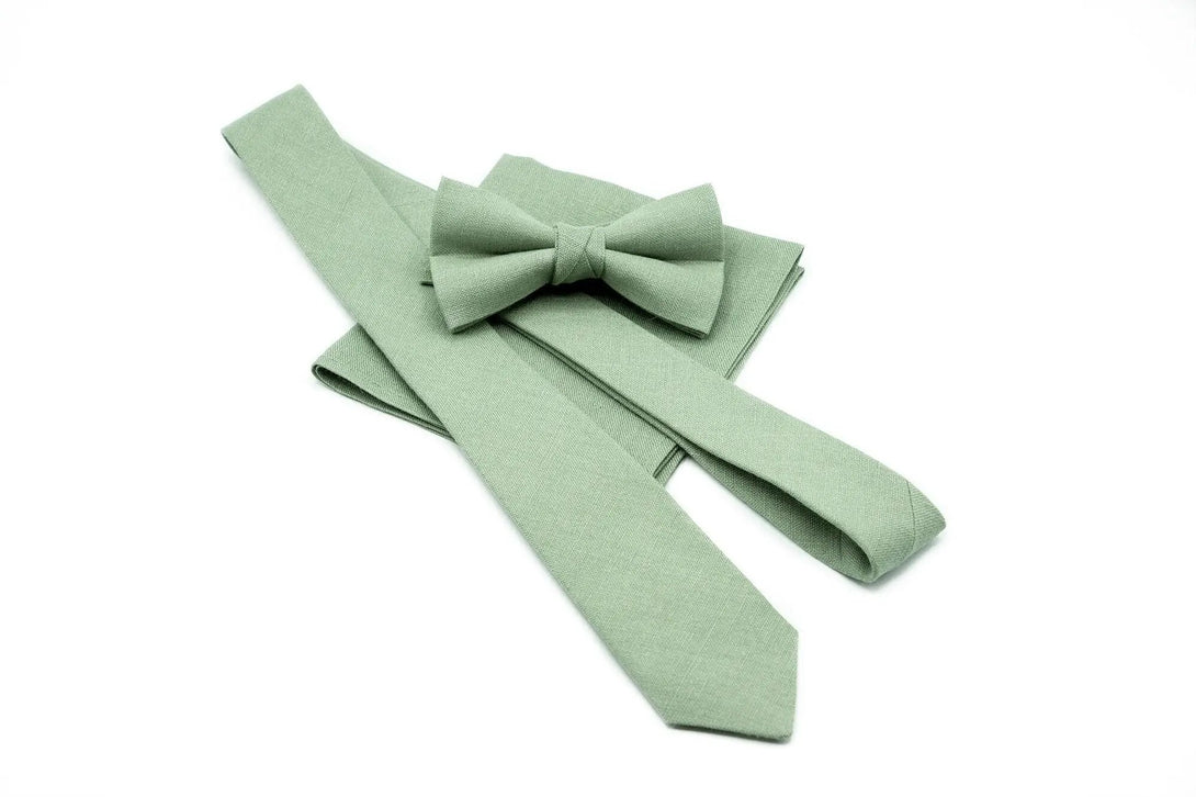 Bright Sage Green Linen Bow Tie or Necktie available with Pocket Square