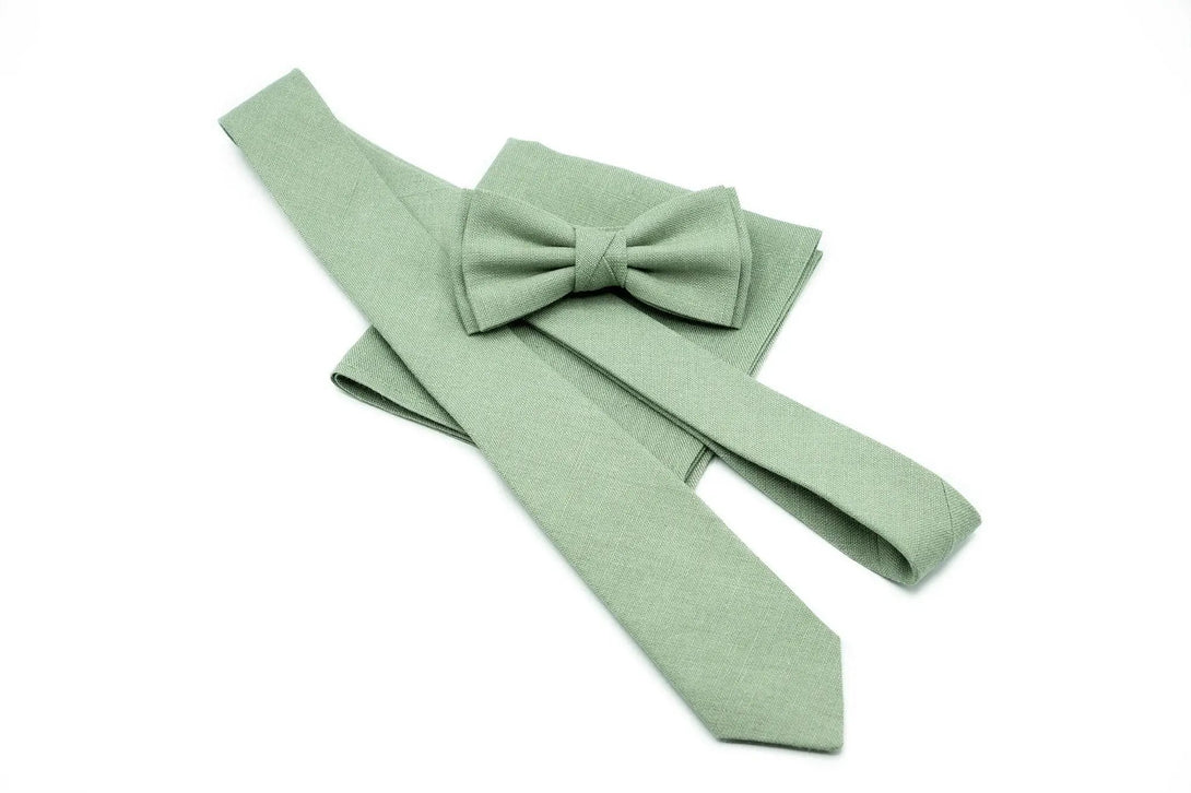 Bright Sage Green butterfly wedding bow ties or neckties for groomsmen gift available with matching linen pocket square or Y-back suspenders