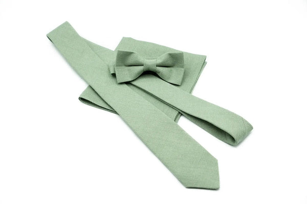 Bright Sage Green Linen Bow Tie or Necktie for men - available with a matching pocket square.