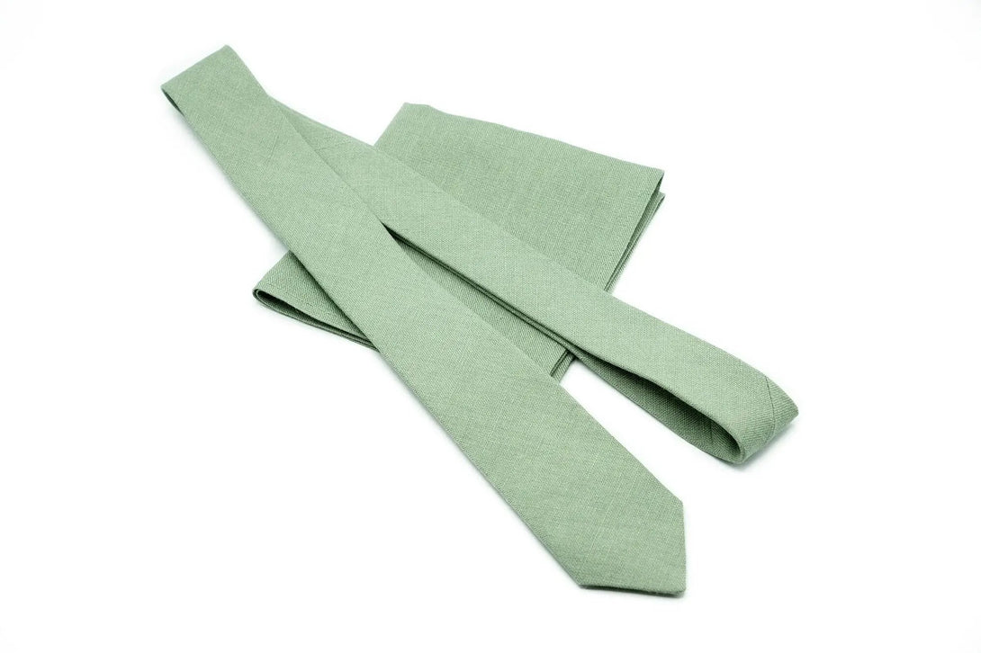 Bright Sage Green linen necktie available with matching pocket square - ideal groomsmen gift