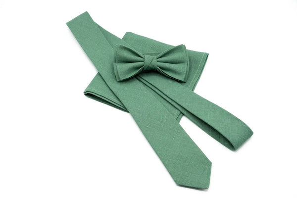 Dark Sage Green Groomsmen butterfly bow ties and neckties for weddings available with matching linen pocket square or Y-back suspenders