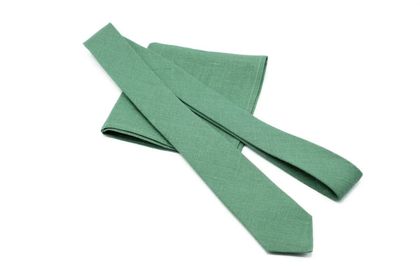 Dark Sage Green linen necktie paired with matching pocket square for groomsmen gift