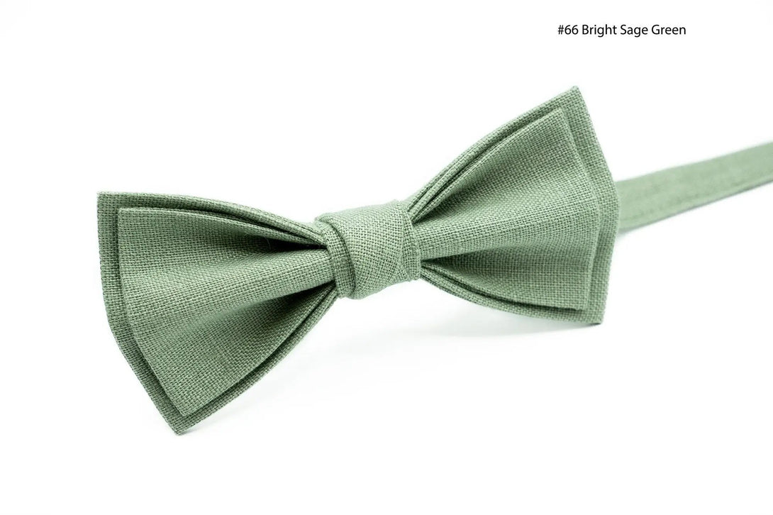 Bright Sage Green bow tie in linen fabric, displayed with a coordinating pocket square for wedding or formal wear.