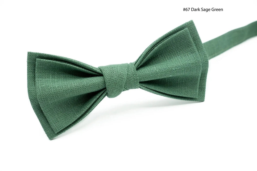 Dark Sage Green linen bow tie, part of a set available with a matching pocket square for men's formal attire.