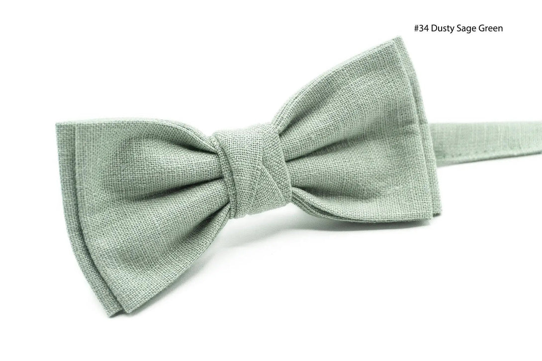 Linen Groomsmen Wedding Bow Ties in Dark Sage Green, Bright Sage Green, Sage Green and Dusty Sage green available matching pocket square