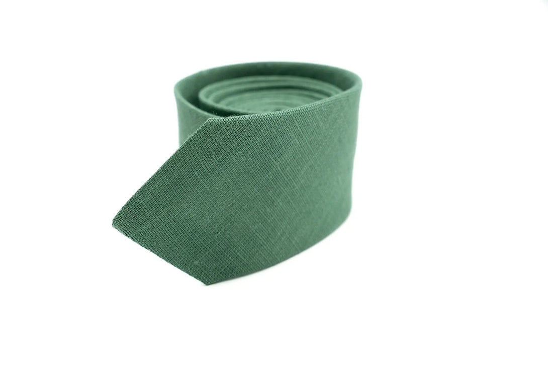 Stylish dark sage green linen necktie paired with a matching pocket square, perfect for grooms and groomsmen at weddings.