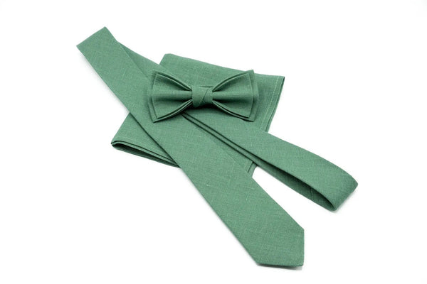 Dark sage green linen necktie or bow tie available with matching pocket square set for men.