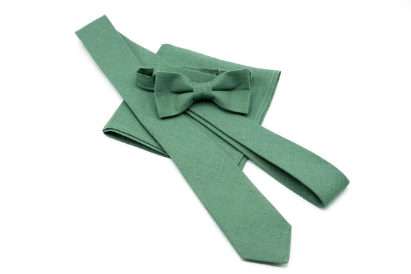 Dark sage green bow tie, necktie, and pocket square for formal occasions.